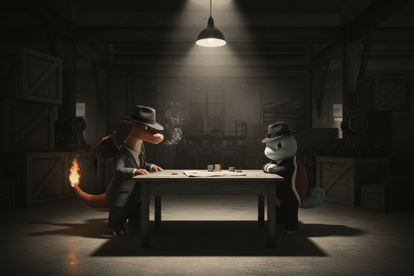 charizard and squritle meeting in a warehouse to talk about a secret plan mafia style